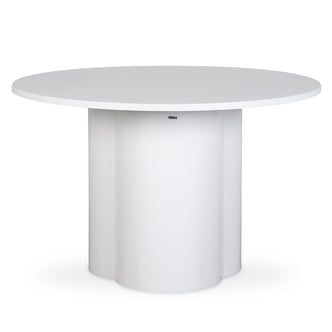 Cece 120cm Round Wooden Dining Table in White, featuring a minimalist round top and solid cylindrical base, ideal for compact spaces, comfortably seating four with its modern, fresh design.