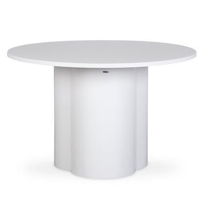 Cece 120cm Round Wooden Dining Table in White, featuring a minimalist round top and solid cylindrical base, ideal for compact spaces, comfortably seating four with its modern, fresh design.