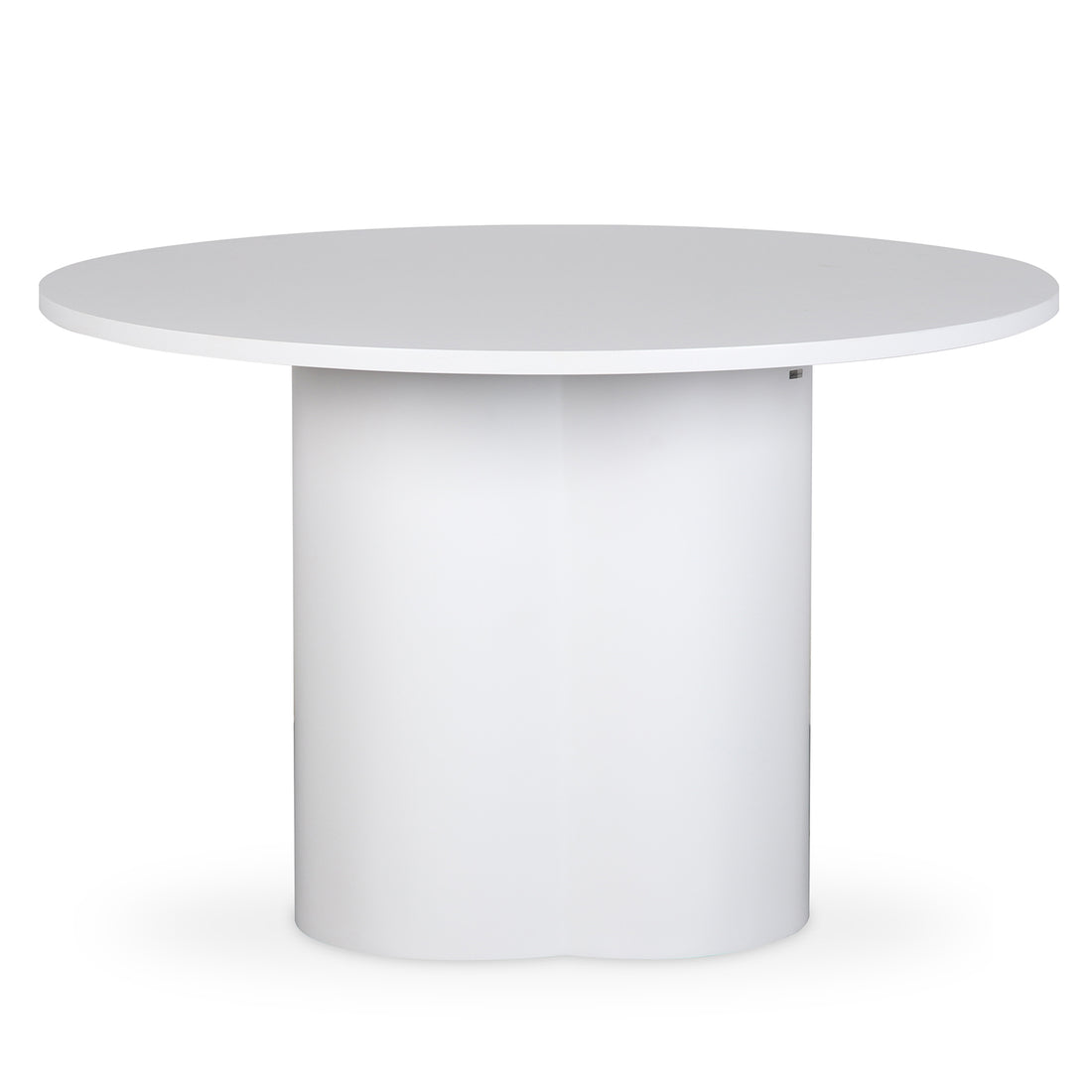 Cece 120cm Round Wooden Dining Table in White, featuring a circular top and scalloped pedestal base, offers a modern, compact design ideal for four, with a smooth, easy-care finish.