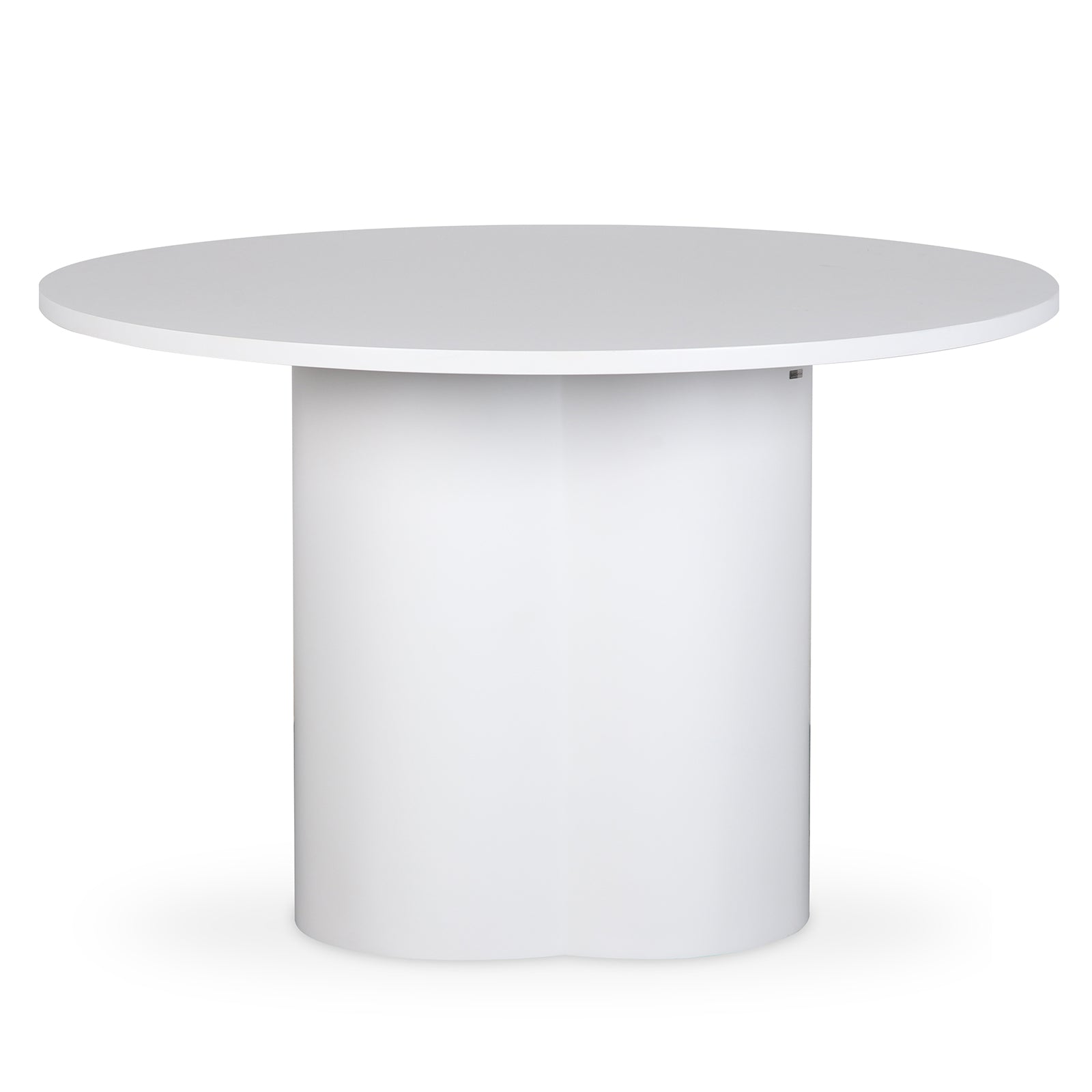 Cece 120cm Round Wooden Dining Table in White, featuring a circular top and scalloped pedestal base, offers a modern, compact design ideal for four, with a smooth, easy-care finish.