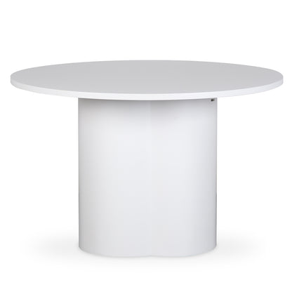 Cece 120cm Round Wooden Dining Table in White, featuring a circular top and scalloped pedestal base, offers a modern, compact design ideal for four, with a smooth, easy-care finish.