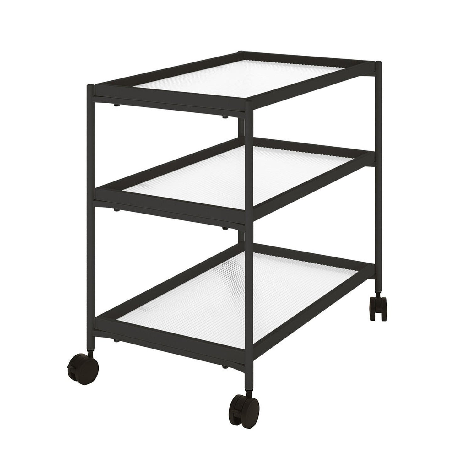 Chelsea 3 Layered Fluted Glass Drinks Trolley Black features three ribbed shelves and a black metal frame with swiveling caster wheels, designed for elegant and functional mobility in any home bar.