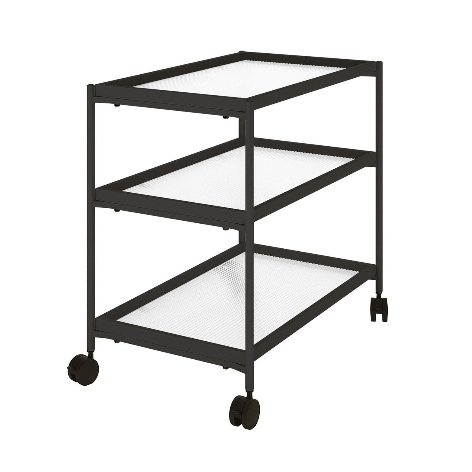 Chelsea 3 Layered Fluted Glass Drinks Trolley Black features three ribbed shelves and a black metal frame with swiveling caster wheels, designed for elegant and functional mobility in any home bar.