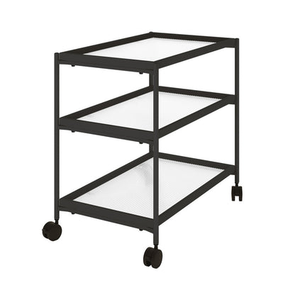 Chelsea 3 Layered Fluted Glass Drinks Trolley Black features three ribbed shelves and a black metal frame with swiveling caster wheels, designed for elegant and functional mobility in any home bar.