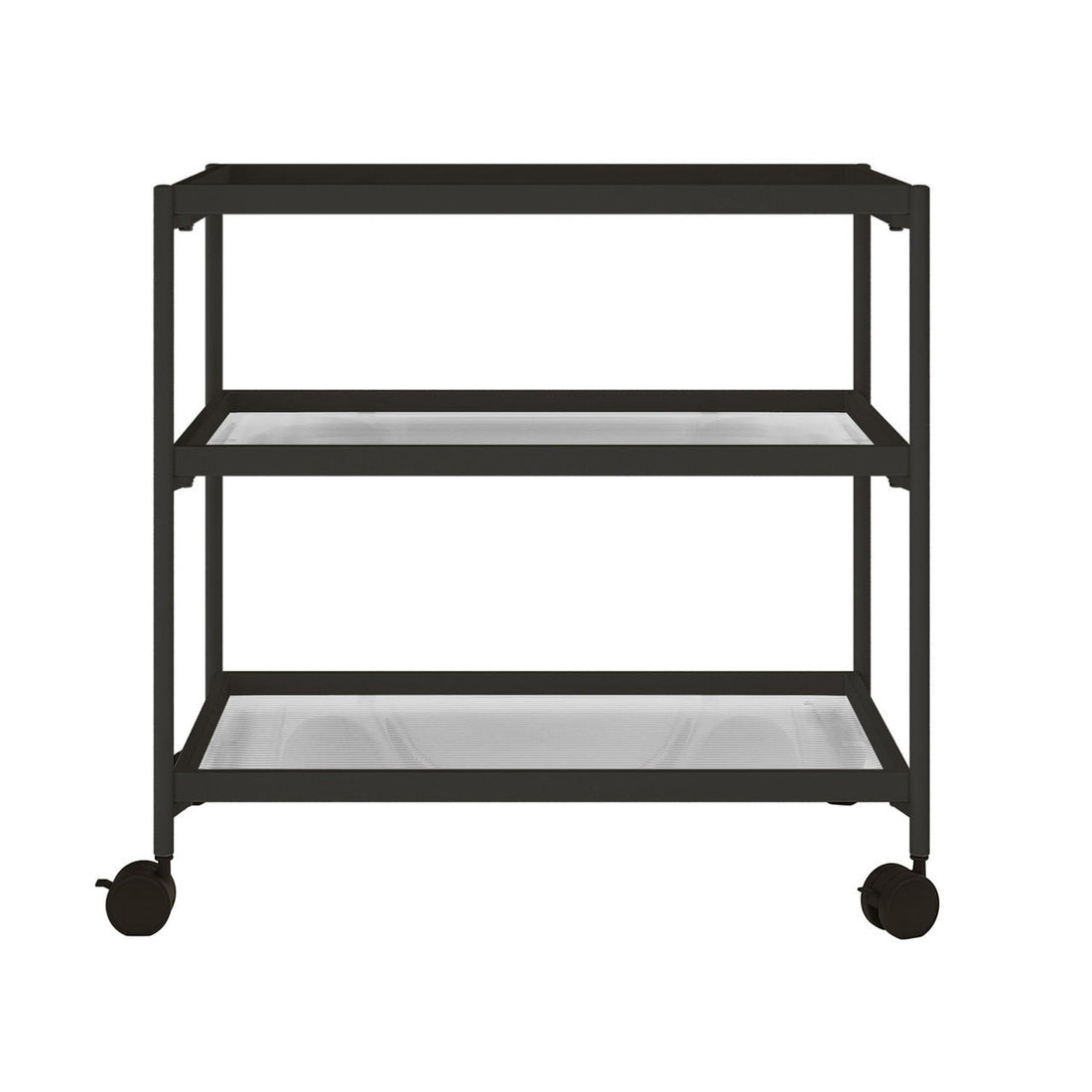 Chelsea 3-Tier Fluted Glass Drink Cart Bar Trolley in Black; features a sleek black metal frame and three elegant fluted glass shelves on caster wheels, ideal for home bar setups.