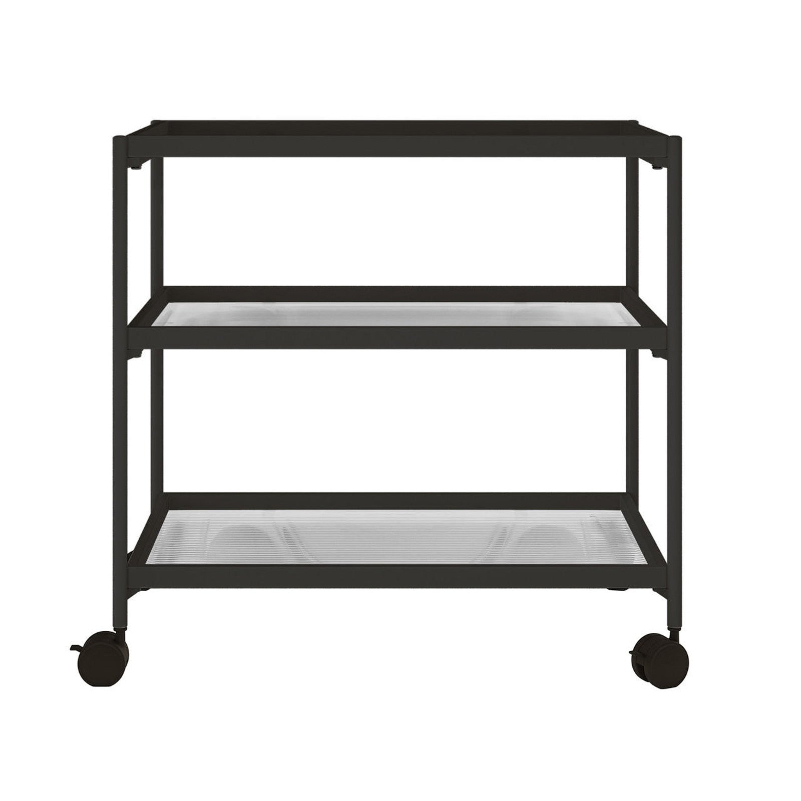 Chelsea 3-Tier Fluted Glass Drink Cart Bar Trolley in Black; features a sleek black metal frame and three elegant fluted glass shelves on caster wheels, ideal for home bar setups.