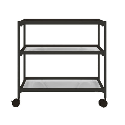Chelsea 3-Tier Fluted Glass Drink Cart Bar Trolley in Black; features a sleek black metal frame and three elegant fluted glass shelves on caster wheels, ideal for home bar setups.