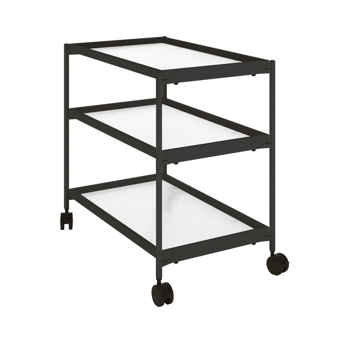 Chelsea 3-Tier Fluted Glass Drink Cart Bar Trolley in Black featuring a slim metal frame, three translucent ribbed shelves, and four swivel caster wheels for easy mobility and sophisticated display.
