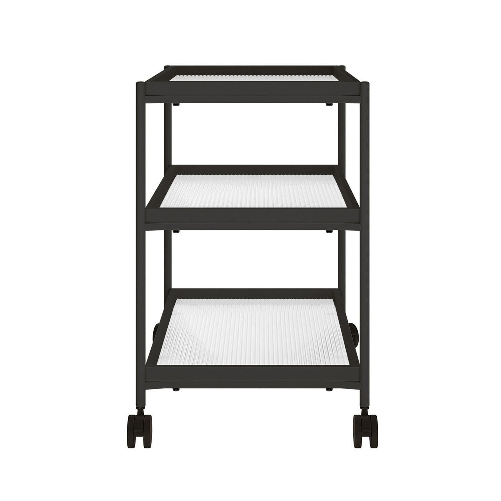Chelsea 3-Tier Fluted Glass Drink Cart Bar Trolley in Black featuring a sleek metal frame, three elegant fluted glass shelves, and four wheels for mobility, including two lockable for stability.