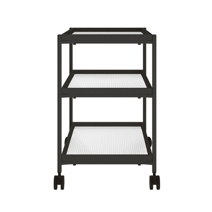 Chelsea 3-Tier Fluted Glass Drink Cart Bar Trolley in Black featuring a sleek metal frame, three elegant fluted glass shelves, and four wheels for mobility, including two lockable for stability.