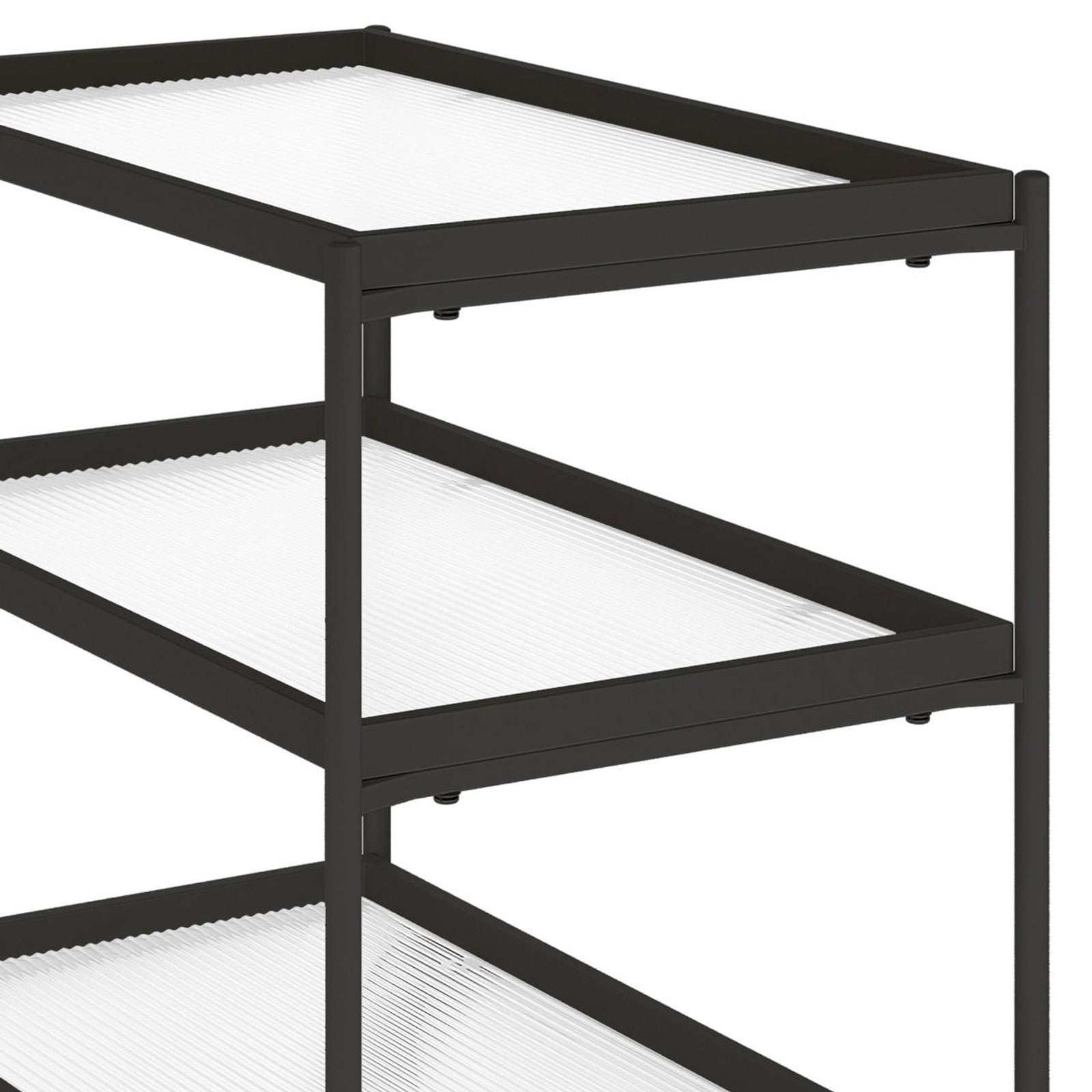 Chelsea 3-Tier Fluted Glass Drink Cart Bar Trolley in Black; close-up of the black metal frame with three clear, ridged glass shelves, designed for displaying spirits and glassware.