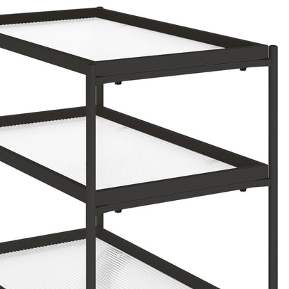 Chelsea 3-Tier Fluted Glass Drink Cart Bar Trolley in Black; close-up of the black metal frame with three clear, ridged glass shelves, designed for displaying spirits and glassware.