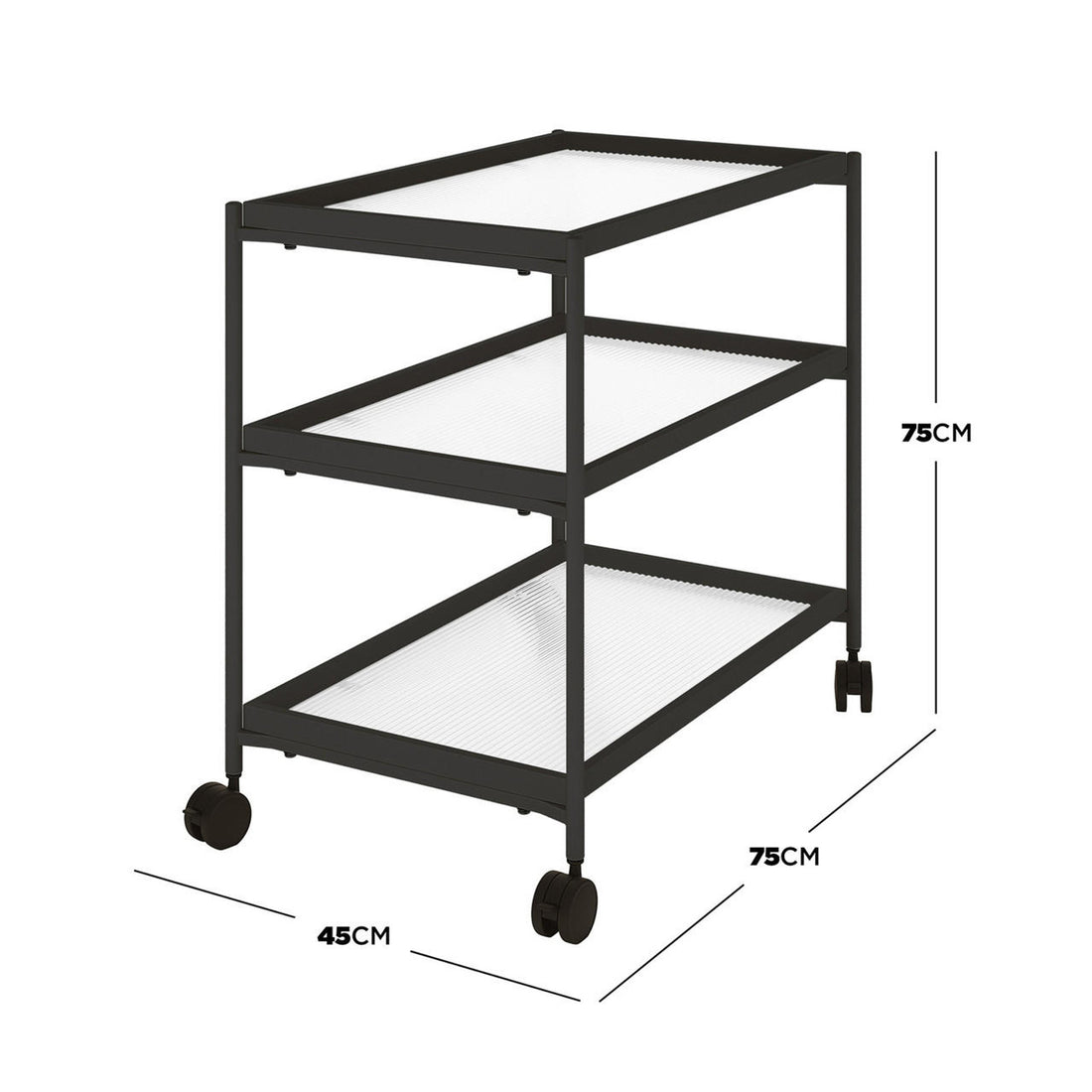 Chelsea 3-Tier Fluted Glass Drink Cart Bar Trolley in Black featuring sleek, ribbed glass shelves and a durable metal frame with caster wheels for mobility, perfect for stylish home bar setups.