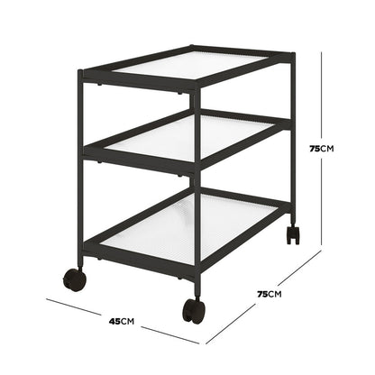 Chelsea 3-Tier Fluted Glass Drink Cart Bar Trolley in Black featuring sleek, ribbed glass shelves and a durable metal frame with caster wheels for mobility, perfect for stylish home bar setups.