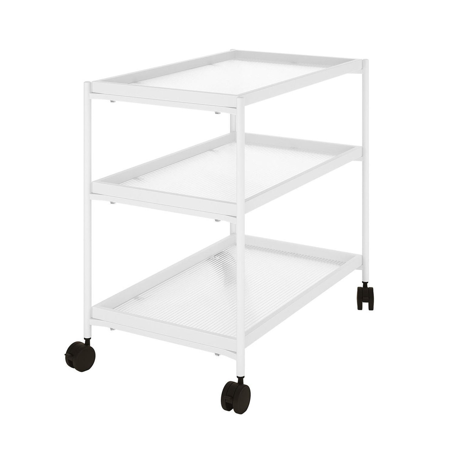 Chelsea 3-Tier Fluted Glass Drink Cart Bar Trolley in White, featuring three empty fluted glass shelves, a sturdy metal frame, and four black caster wheels, two of which are lockable.