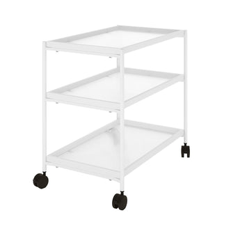 Chelsea 3-Tier Fluted Glass Drink Cart Bar Trolley in White, featuring three empty fluted glass shelves, a sturdy metal frame, and four black caster wheels, two of which are lockable.