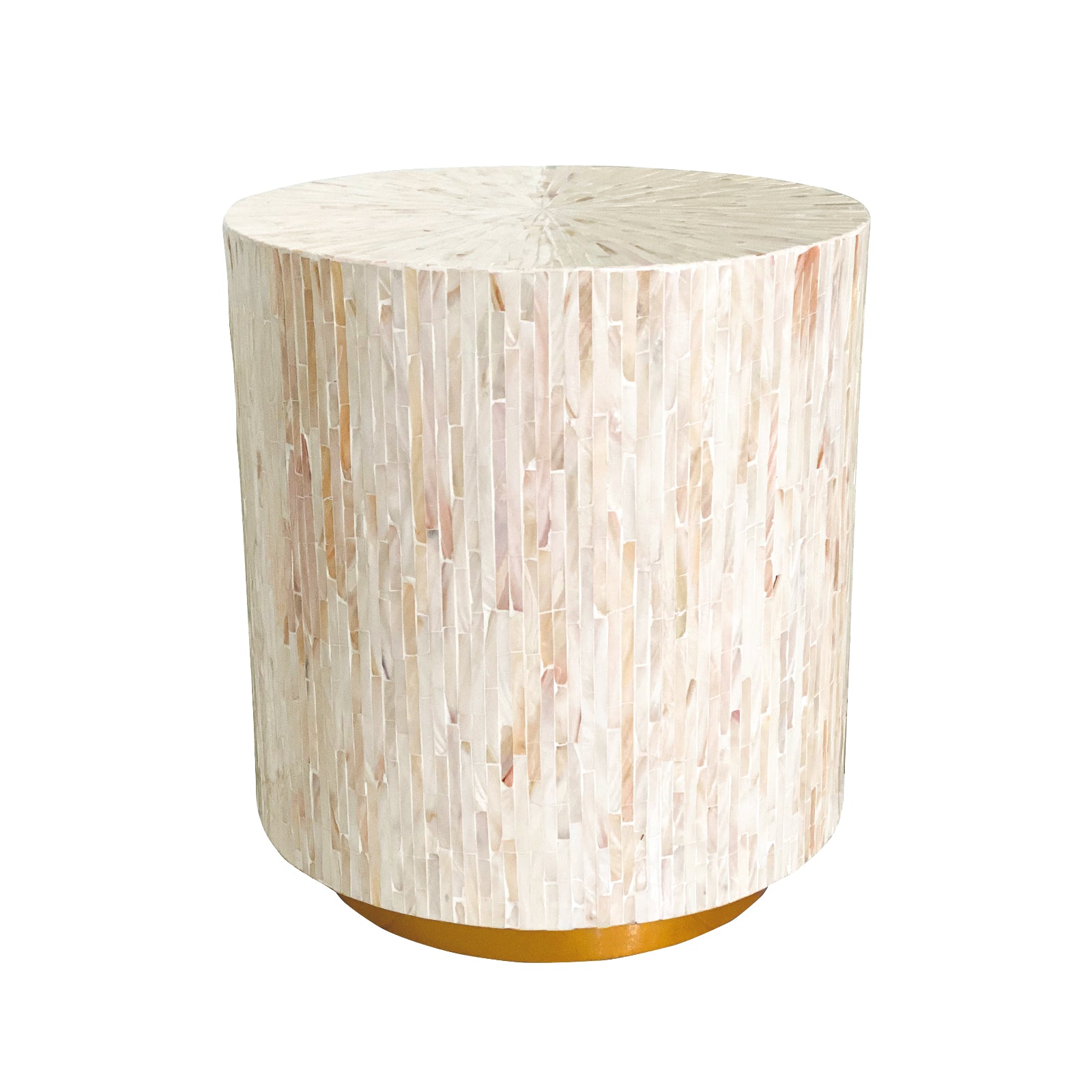 Chris 35cm Mother of Pearl Inlay Side Table in Cream, featuring a drum shape with narrow, iridescent mother-of-pearl tiles on its surface, set on a low, gold-finished base.