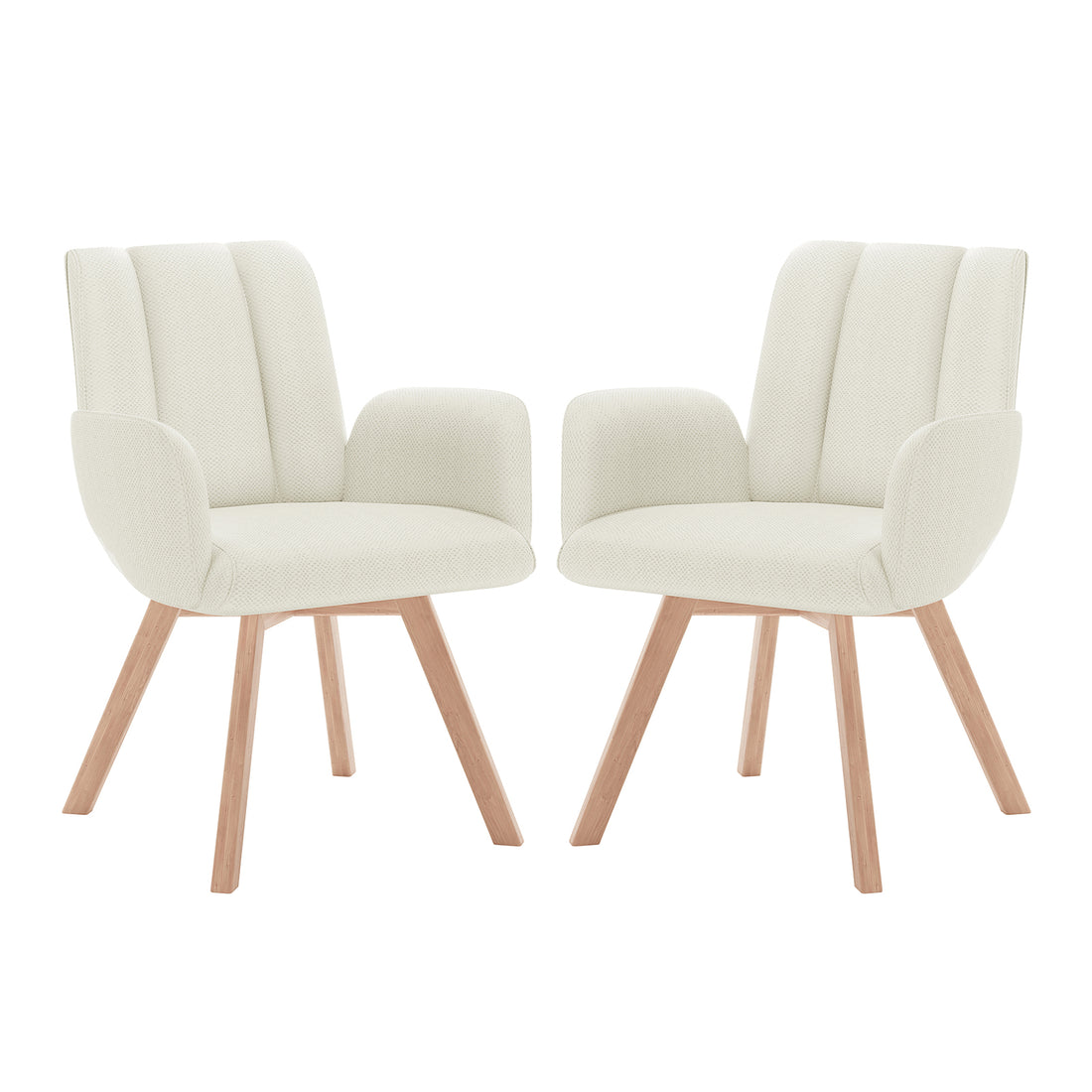 Clara Chenille Swivel Dining Chair Set of 2 - Off White, featuring a sleek white design with sturdy wooden legs, padded seat and backrest, and ergonomic armrests for enhanced comfort and style.
