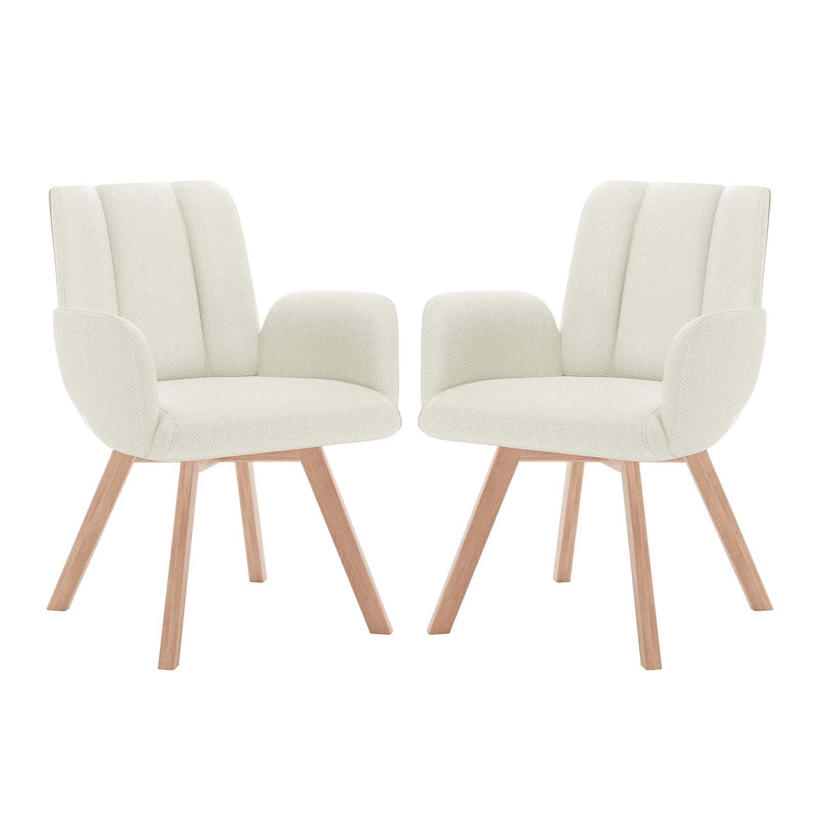 Clara Chenille Swivel Dining Chair Set of 2 - Off White, featuring a sleek white design with sturdy wooden legs, padded seat and backrest, and ergonomic armrests for enhanced comfort and style.