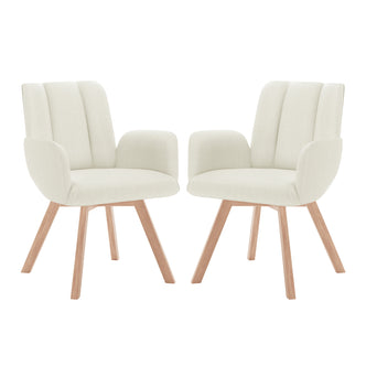 Clara Chenille Swivel Dining Chair Set of 2 - Off White, featuring a sleek white design with sturdy wooden legs, padded seat and backrest, and ergonomic armrests for enhanced comfort and style.