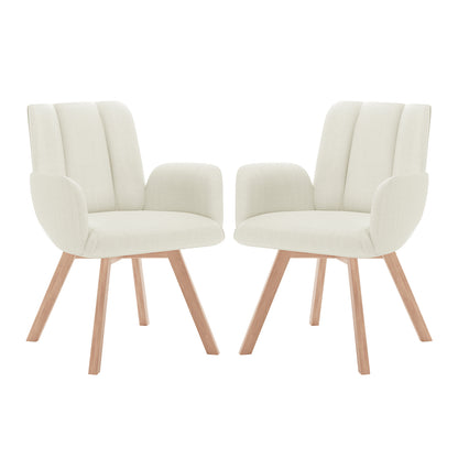 Clara Chenille Swivel Dining Chair Set of 2 - Off White, featuring a sleek white design with sturdy wooden legs, padded seat and backrest, and ergonomic armrests for enhanced comfort and style.