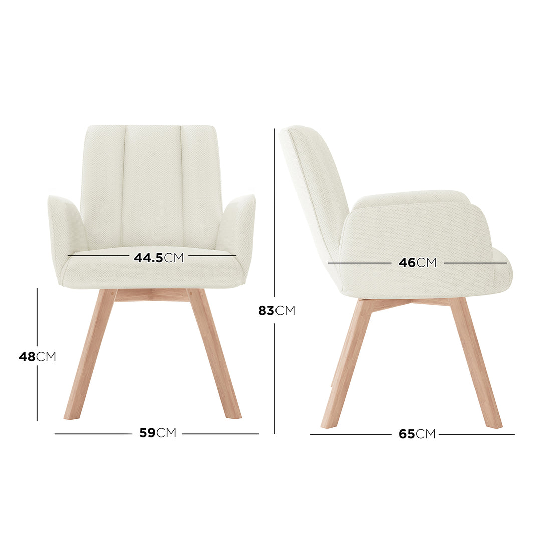 Clara Chenille Swivel Dining Chair Set of 2 - Off White features white chairs with padded seats, armrests, and wooden legs, offering a modern midcentury design and 360° swivel functionality.