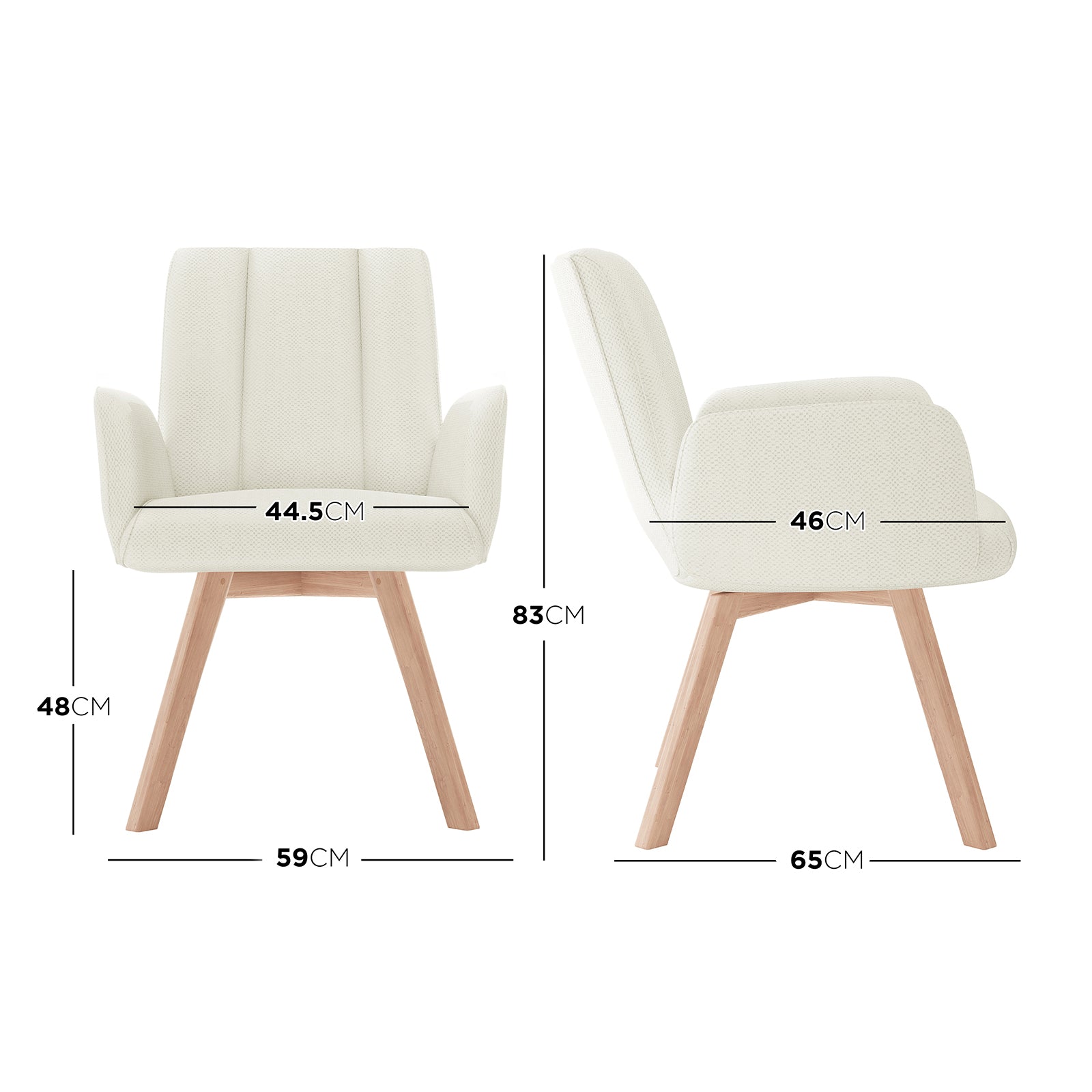Clara Chenille Swivel Dining Chair Set of 2 - Off White features white chairs with padded seats, armrests, and wooden legs, offering a modern midcentury design and 360° swivel functionality.