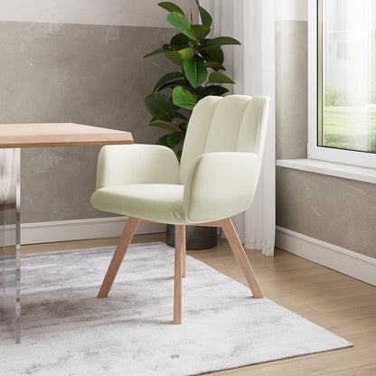 Clara Chenille Swivel Dining Chair Set of 2 - Off White, features padded seats and backrests with hardwood beech legs, designed for comfort and style, ideal for modern dining spaces.