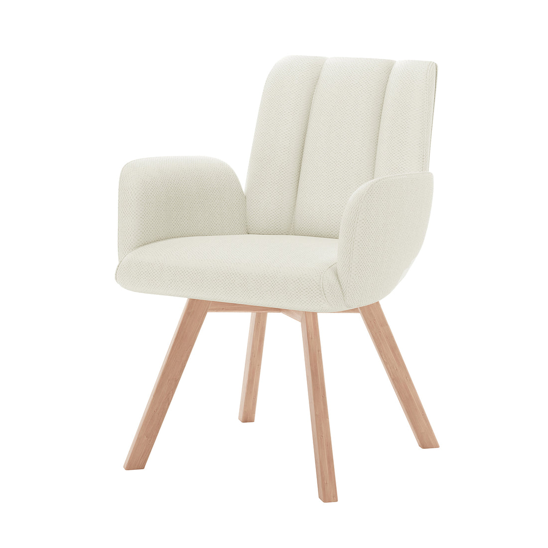 Clara Chenille Swivel Dining Chair Set of 2 - Off White features a white chair with wooden legs, padded armrests, and a 360° swivel function, combining comfort and midcentury style.