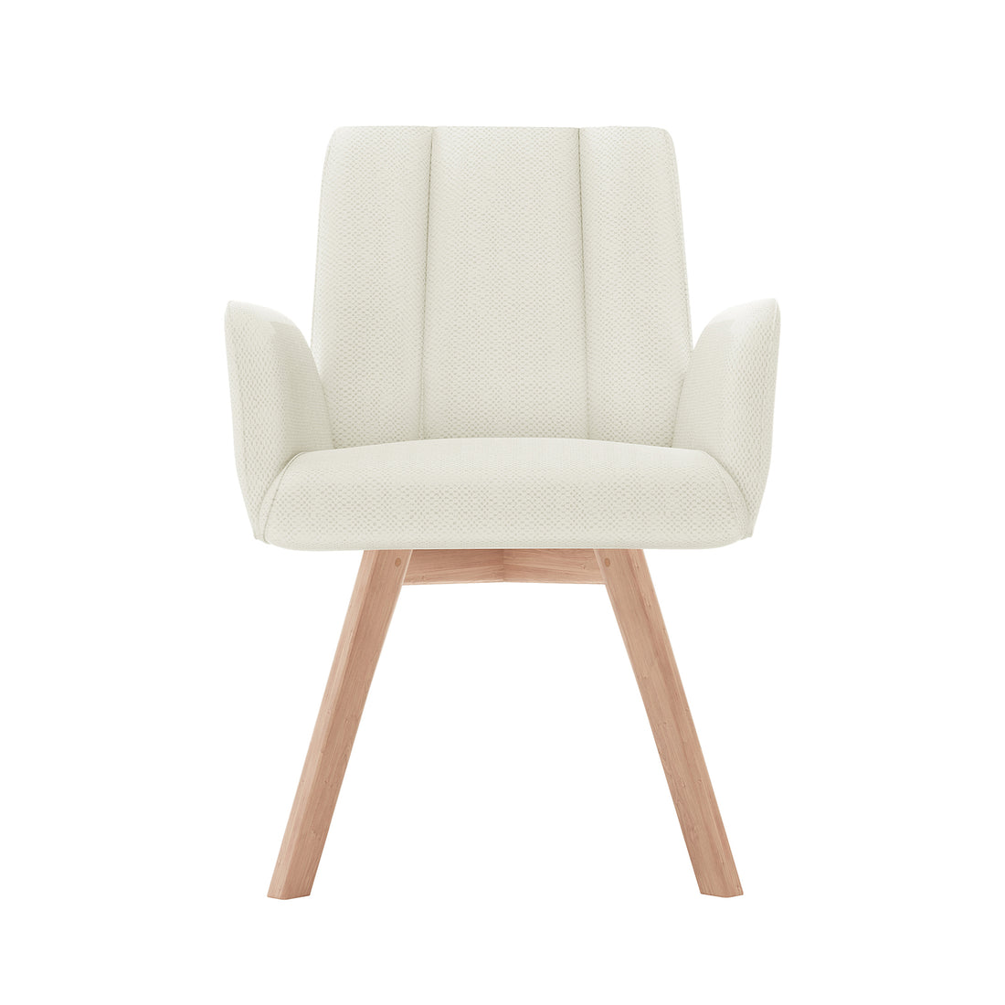 Clara Chenille Swivel Dining Chair Set of 2 - Off White features white seats with wooden legs, padded armrests, and a distinctive midcentury design, offering both style and comfort.