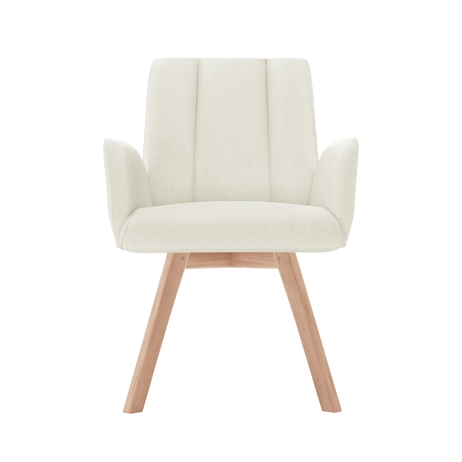 Clara Chenille Swivel Dining Chair Set of 2 - Off White features white seats with wooden legs, padded armrests, and a distinctive midcentury design, offering both style and comfort.
