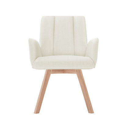 Clara Chenille Swivel Dining Chair Set of 2 - Off White features white seats with wooden legs, padded armrests, and a distinctive midcentury design, offering both style and comfort.