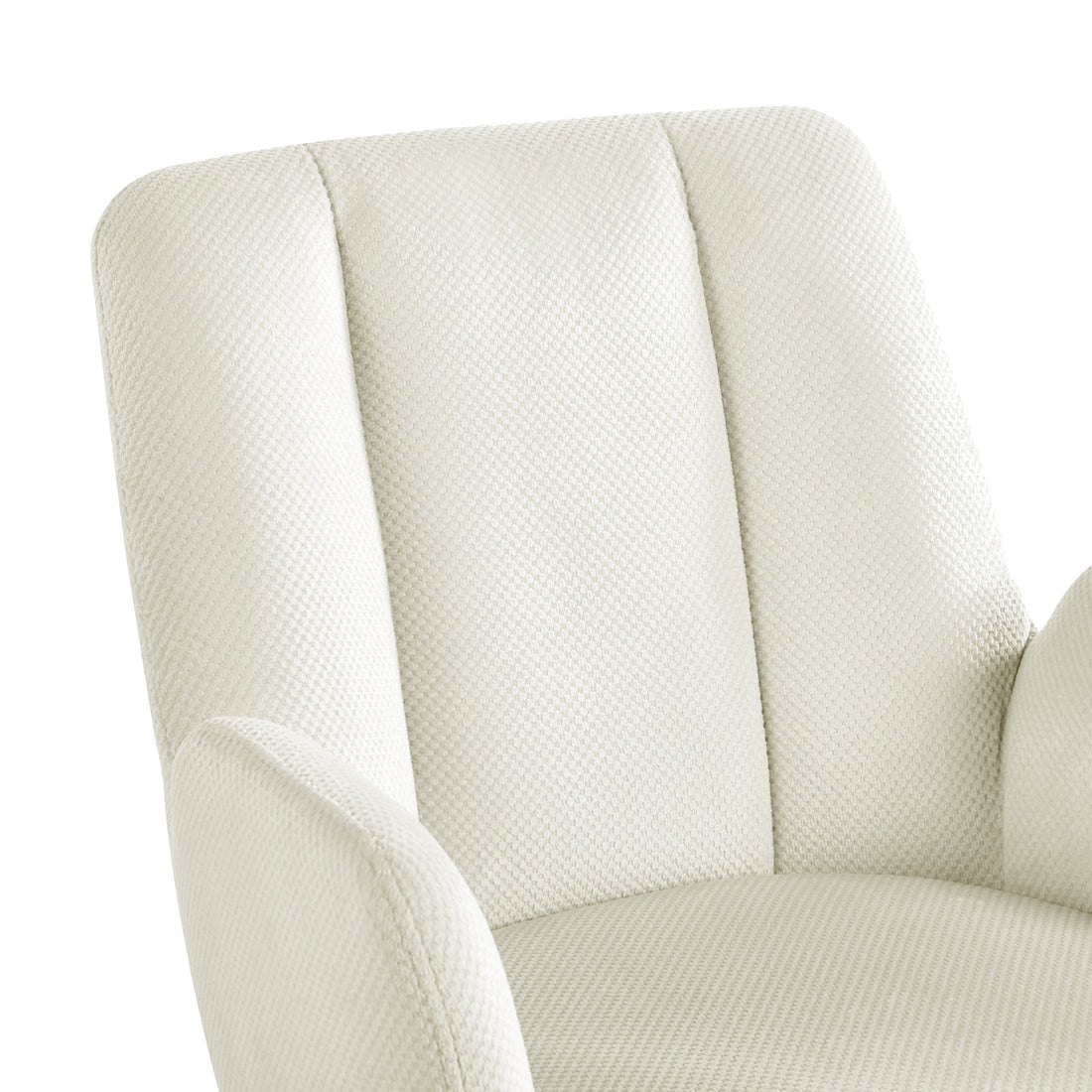 Clara Chenille Swivel Dining Chair Set of 2 - Off White, showcasing a close-up of its padded armrest and ergonomic design, highlighting the chair's modern style and comfort.