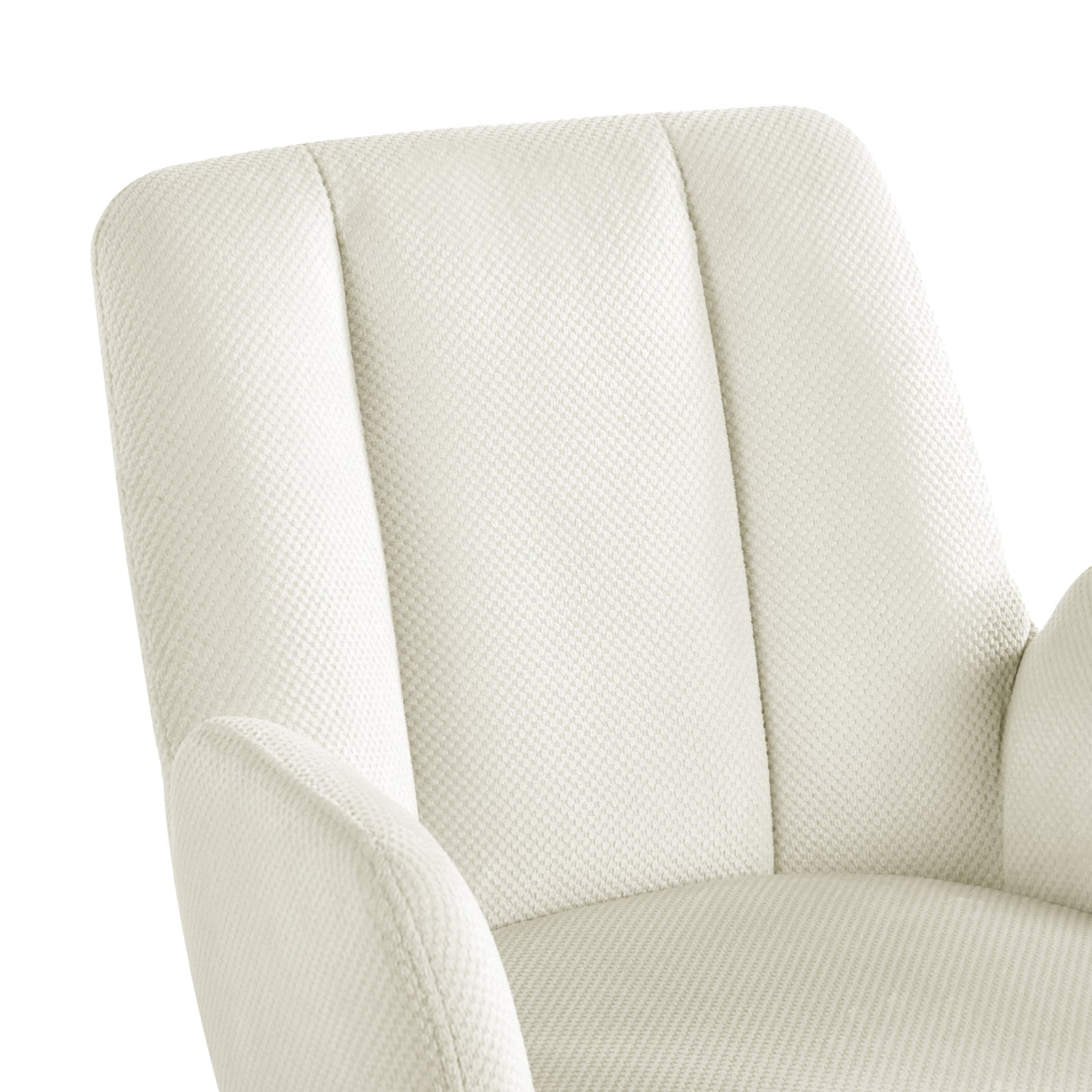Clara Chenille Swivel Dining Chair Set of 2 - Off White, showcasing a close-up of its padded armrest and ergonomic design, highlighting the chair's modern style and comfort.
