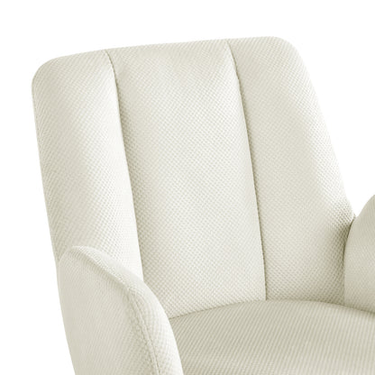 Clara Chenille Swivel Dining Chair Set of 2 - Off White, showcasing a close-up of its padded armrest and ergonomic design, highlighting the chair's modern style and comfort.