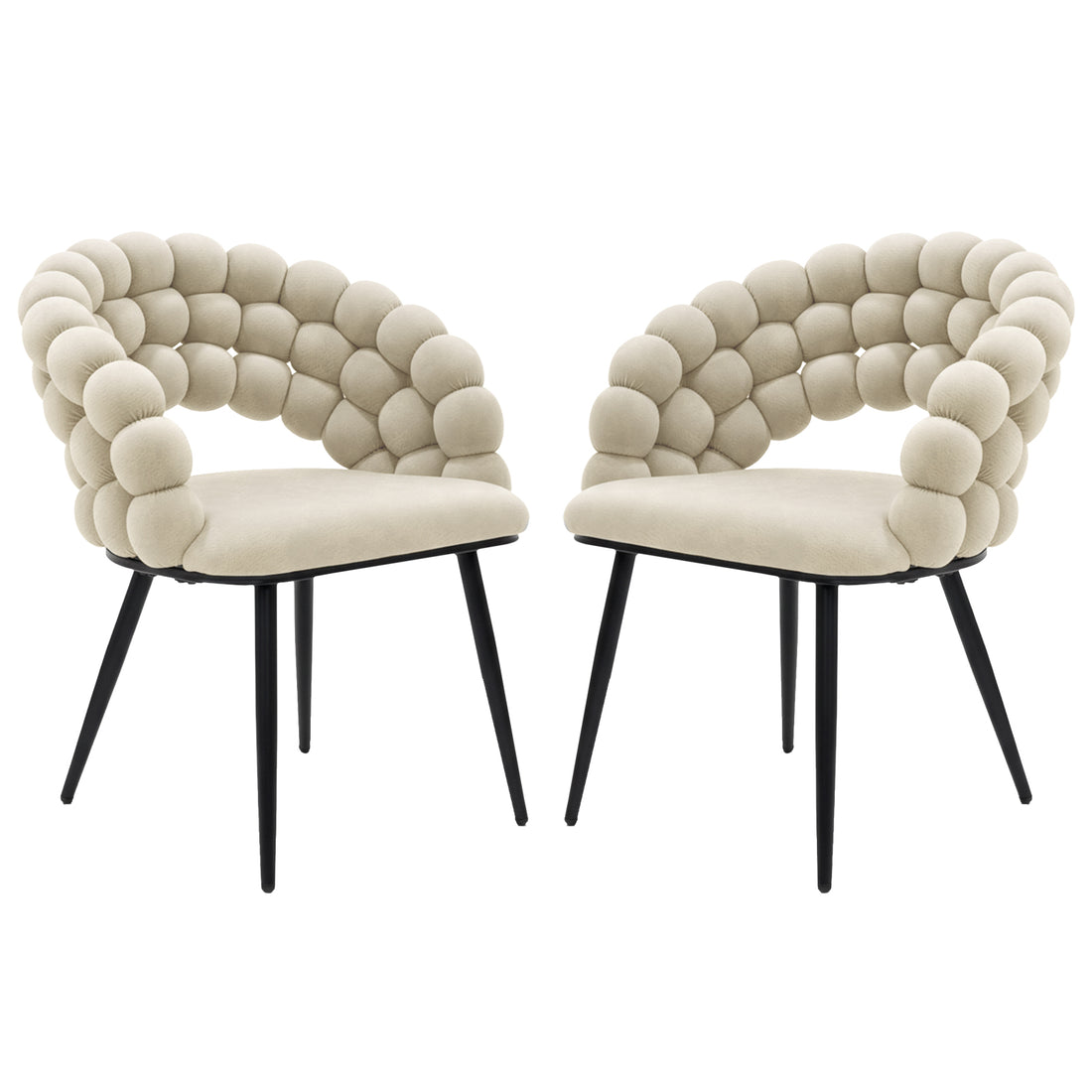 Claudine Velvet Curved Dining Chair Set of 2 in Oatmeal features a black metal base, lightly padded beige seat, and a distinctive rolled bubble backrest with rounded cushioned segments.