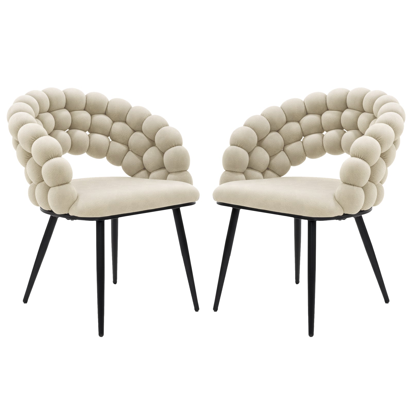 Claudine Velvet Curved Dining Chair Set of 2 in Oatmeal features a black metal base, lightly padded beige seat, and a distinctive rolled bubble backrest with rounded cushioned segments.