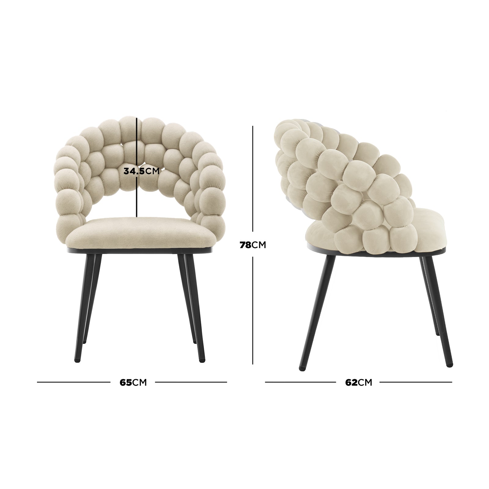 Claudine Velvet Curved Dining Chair Set of 2 in Oatmeal features a bubble-tufted backrest, padded seat, and black tapered legs, shown in front and side views with dimensions.