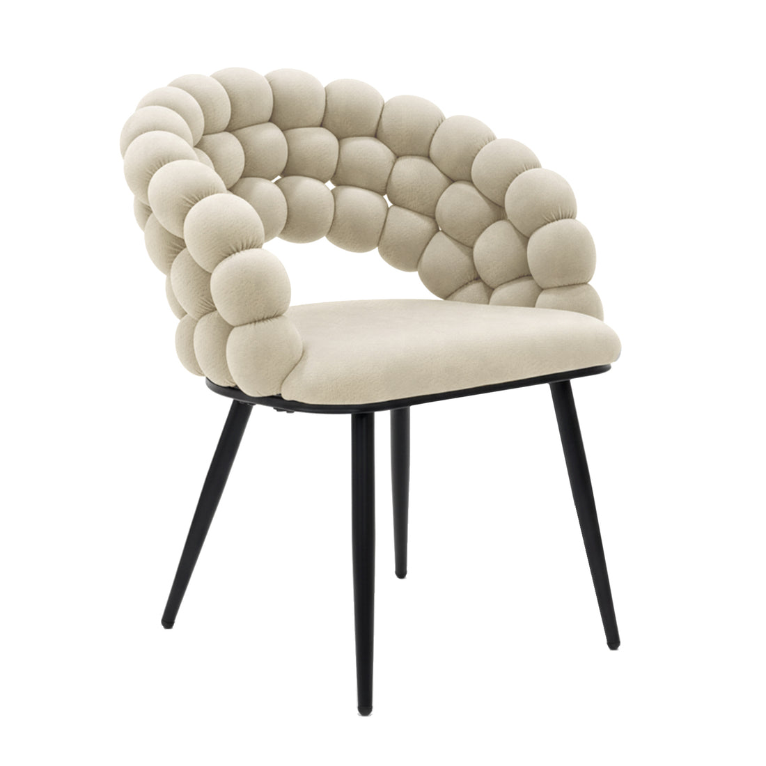 Claudine Velvet Curved Dining Chair Set of 2 in Oatmeal features a low, rounded seat with a pillowy, wrap-around backrest and sleek black metal legs, embodying modern elegance and comfort.