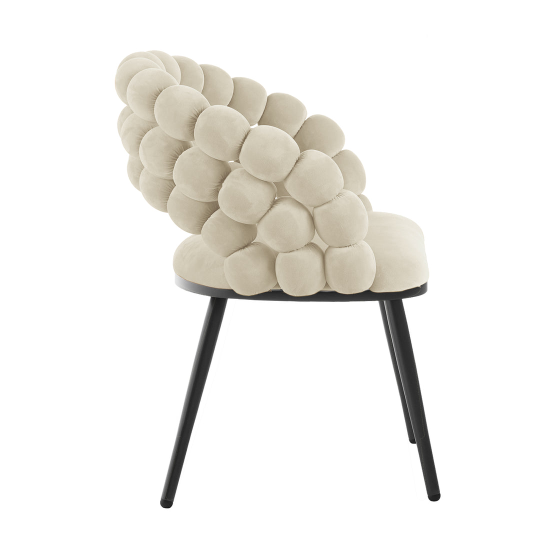 Claudine Velvet Curved Dining Chair Set of 2 in Oatmeal featuring soft bubble cushions on a slim black metal frame with splayed legs, showcased in a studio-style photo against a white background.