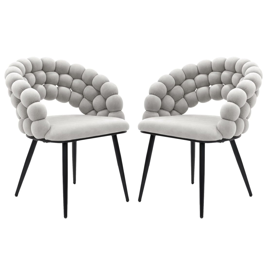 Claudine Velvet Curved Dining Chair Set of 2 in Warm Grey features light-gray upholstered seats with distinctive rounded bubble backrests on slim black metal legs, offering modern elegance and comfort.
