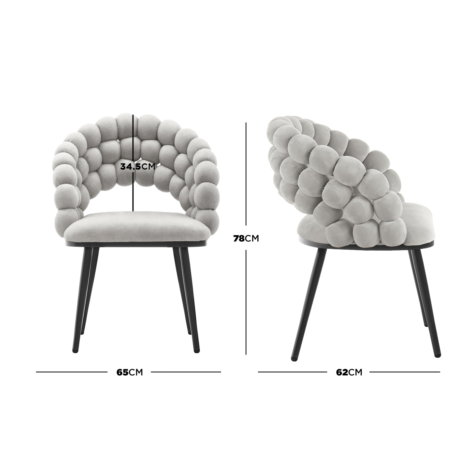 Claudine Velvet Curved Dining Chair Set of 2 in Warm Grey, featuring bubble-like padded backrest and arms, smooth seat, and tapered legs. Dimensions shown with overall width 65 cm and height 78 cm.