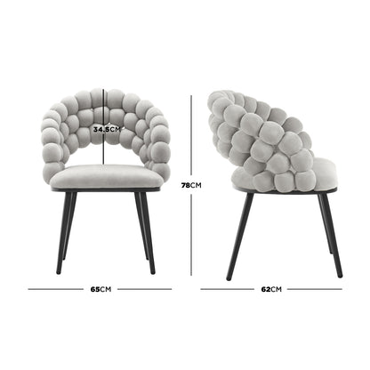Claudine Velvet Curved Dining Chair Set of 2 in Warm Grey, featuring bubble-like padded backrest and arms, smooth seat, and tapered legs. Dimensions shown with overall width 65 cm and height 78 cm.
