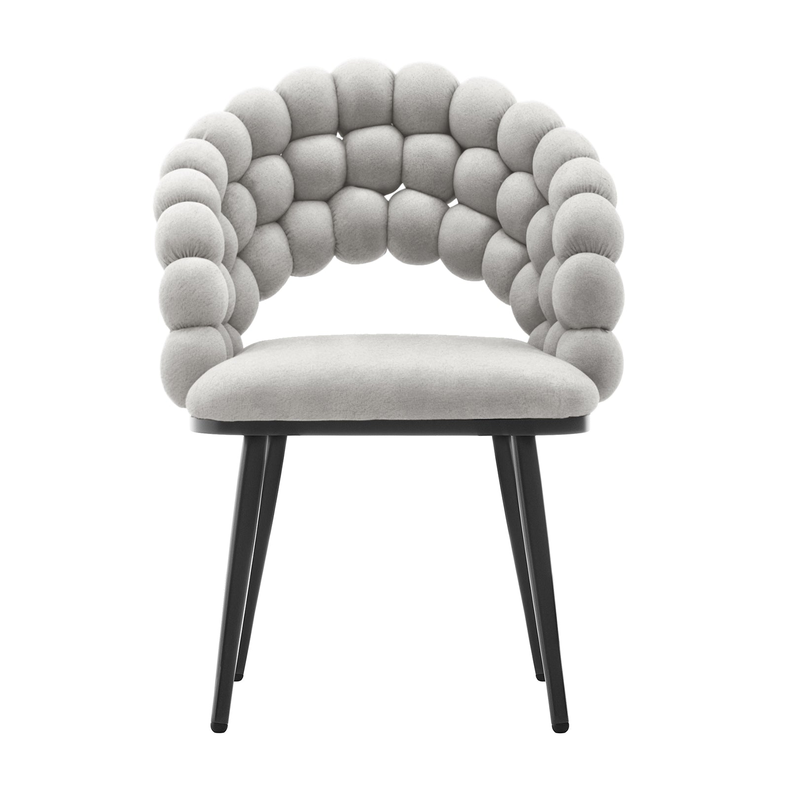 Claudine Velvet Curved Dining Chair Set of 2 in Warm Grey features a padded light-beige seat, distinctive bubble-style backrest with tufted cushions, and sleek black legs for a modern touch.