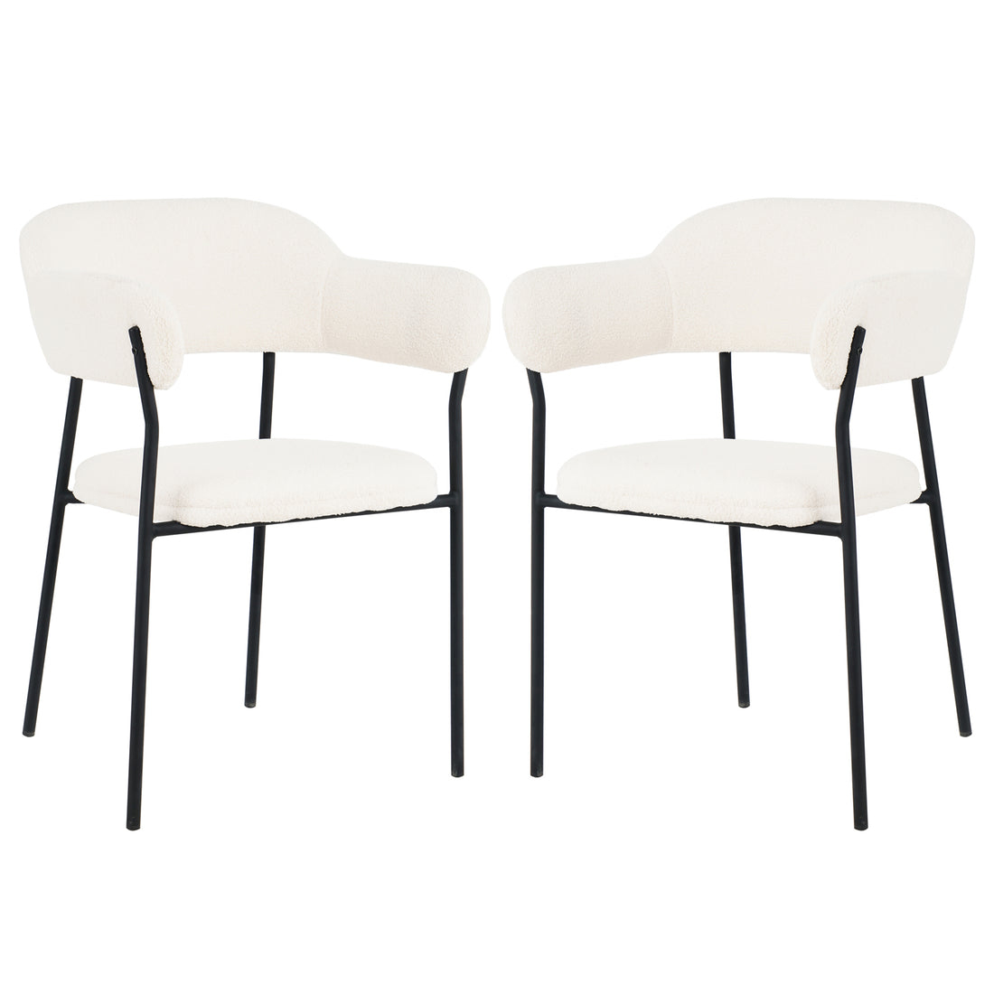 Clavin Boucle Dining Chair Set of 2 in Cream White, featuring softly curved off-white bouclé upholstery with slim black metal legs, offering a modern and elegant touch to any dining space.