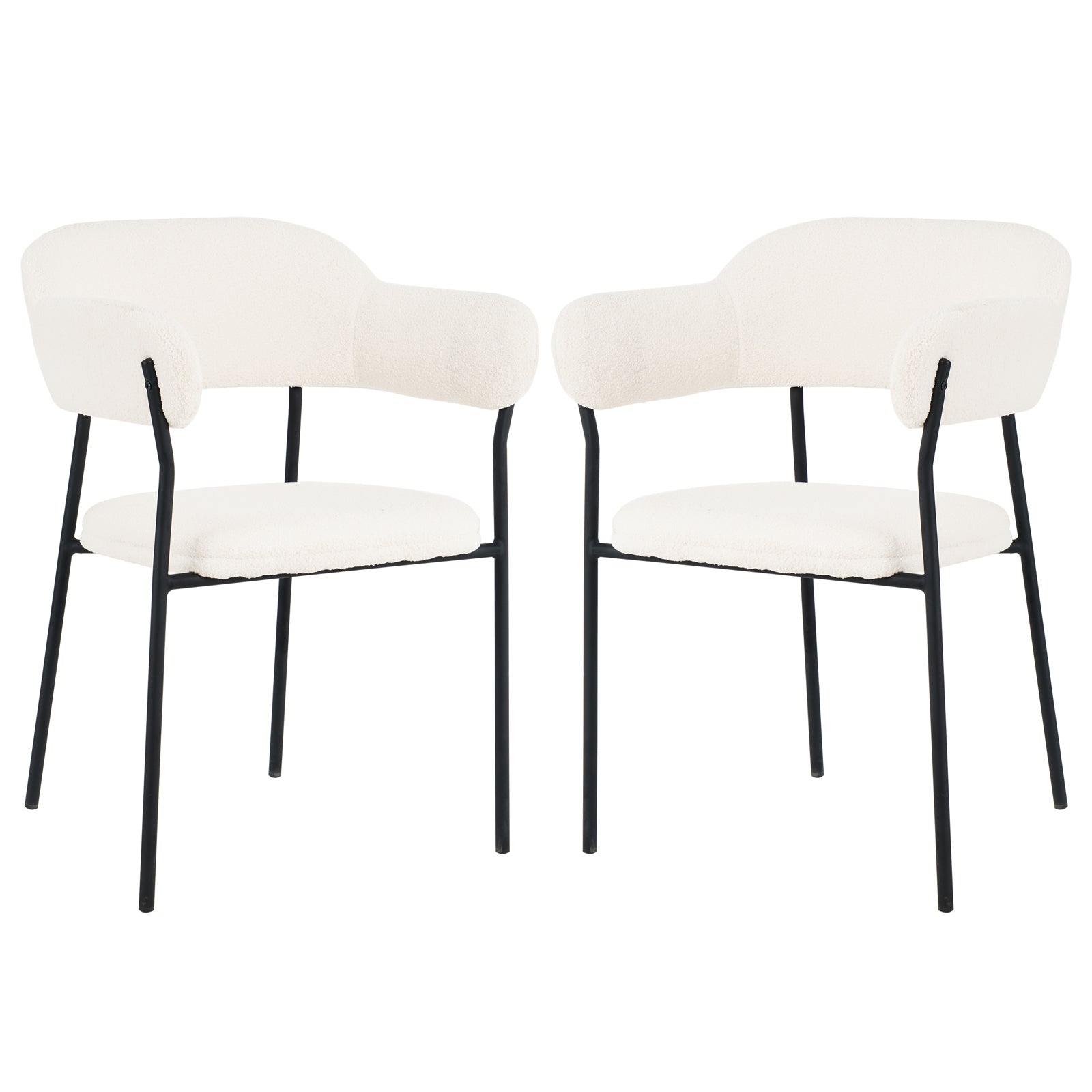 Clavin Boucle Dining Chair Set of 2 in Cream White, featuring softly curved off-white bouclé upholstery with slim black metal legs, offering a modern and elegant touch to any dining space.