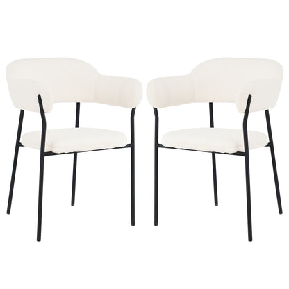 Clavin Boucle Dining Chair Set of 2 in Cream White, featuring softly curved off-white bouclé upholstery with slim black metal legs, offering a modern and elegant touch to any dining space.