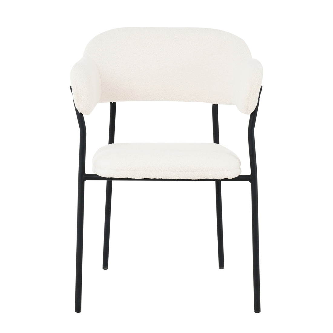 Clavin Boucle Dining Chair Set of 2 in Cream White; features a black metal frame, four straight legs, and off-white bouclé-upholstered seat and curved backrest with arm pads for modern elegance.