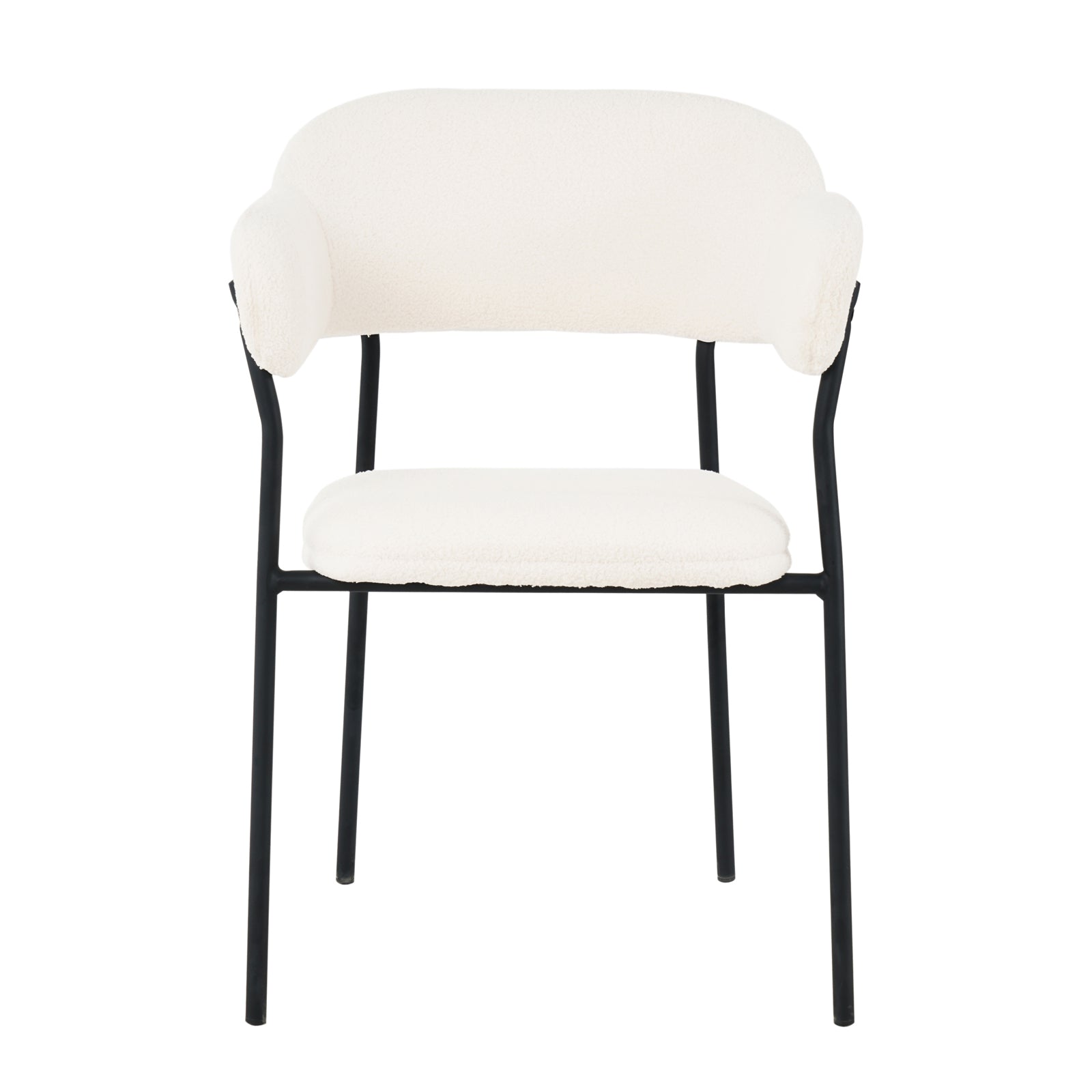 Clavin Boucle Dining Chair Set of 2 in Cream White; features a black metal frame, four straight legs, and off-white bouclé-upholstered seat and curved backrest with arm pads for modern elegance.