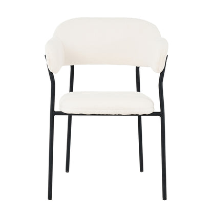 Clavin Boucle Dining Chair Set of 2 in Cream White; features a black metal frame, four straight legs, and off-white bouclé-upholstered seat and curved backrest with arm pads for modern elegance.